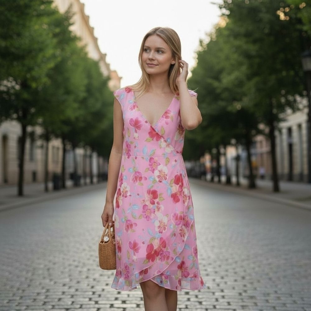 Alyn Paige Vintage Y2K Floral Pink Sleeveless Dress Faux Wrap Chiffon Ruffle